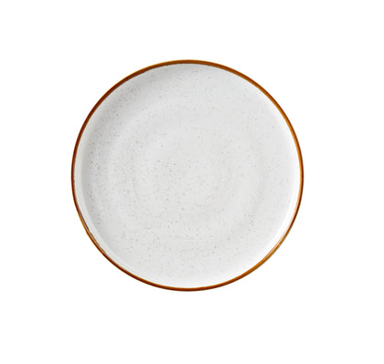 This Round Plate With Up-Right Rim GL-109 brings a modern elegance to tabletop presentations. Crafted from durable porcelain, it showcases a clean white finish with soft speckles and a gently colored rim. The up-right edge design not only adds a distinctive touch but also helps contain food, making it ideal for serving bread, butter, or small appetizers with style.