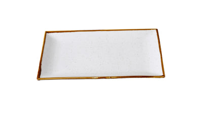 This Rectangular Plate offers a sleek and modern way to present appetizers, sushi, or small shared plates. Crafted from durable porcelain, this piece features a speckled white finish with a delicately colored rim, adding visual interest and charm. Its clean lines and rectangular shape provide a contemporary aesthetic that complements a variety of table settings.