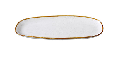 This Oval Plate GL-209 is designed for elegant, modern presentation of appetizers, small plates, or side dishes. Made from durable porcelain, it showcases a clean white surface with speckled detailing and a soft colored rim. Its elongated oval form adds a refined touch to any table setting, making it a stylish choice for contemporary restaurants and cafes.