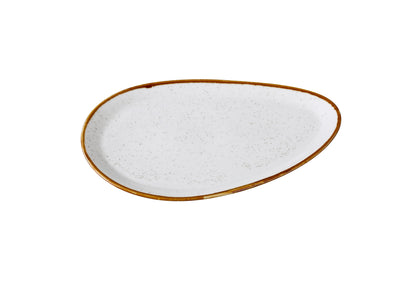 This Oval Plate GL-210 is designed for elegant, modern presentation of appetizers, small plates, or side dishes. Made from durable porcelain, it showcases a clean white surface with speckled detailing and a soft colored rim. Its elongated oval form adds a refined touch to any table setting, making it a stylish choice for contemporary restaurants and cafes.