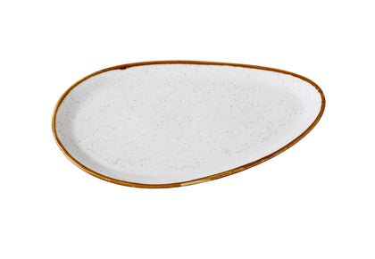 This Oval Plate GL-212 brings a fresh and refined aesthetic to any dining experience. Crafted from high-quality porcelain, it features a soft speckled surface accented with a subtle colored rim. Its elongated oval shape offers a graceful platform for serving entrées, shareable sides, or composed main courses, making it ideal for upscale dining settings.