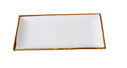 Yanco Rectangular Plate GL-213 blends modern elegance with timeless charm. Made from durable porcelain, this piece features a speckled white base and a delicate colored rim, delivering a refined look suitable for both casual and upscale dining. Its elongated rectangular form is perfect for presenting main courses, composed platters, or shareable appetizers with a touch of sophistication.