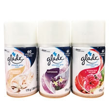 Enhance the atmosphere of any room with this Glade Automatic Spray Refill variety pack, featuring three classic scents—Lavender, Vanilla, and Cherry. Each 6.2 oz refill works with Glade Automatic Spray units to provide timed bursts of fragrance every 9, 18, or 36 minutes. Lavender offers a soothing floral scent, Vanilla delivers a soft and creamy sweetness, and Cherry adds a lively, fruity note to your space.