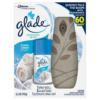Freshen up your home with the clean, comforting scent of freshly laundered linens using the Glade Automatic Spray Refill and Holder Kit in Clean Linen. This 6.2 oz kit includes both the refill and the battery-operated holder for easy, timed fragrance release. Designed to energize your air with consistent bursts every 9, 18, or 36 minutes, the scent features notes of crisp air, fresh laundry, and lily of the valley. 