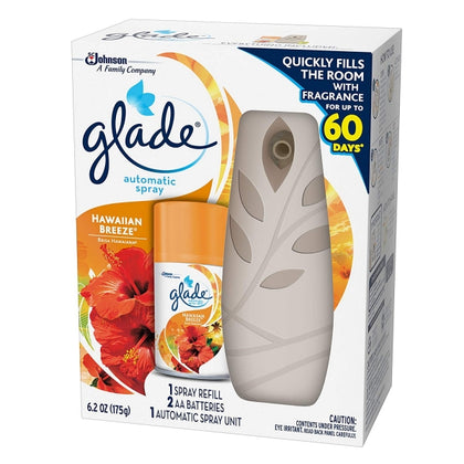 Create a warm, inviting atmosphere with the Glade Automatic Spray Starter Kit in Hawaiian Breeze. This kit includes a 6.2 oz refill and a battery-operated holder that delivers automatic bursts of fragrance every 9, 18, or 36 minutes. The comforting scent features a blend of Ripe pineapple, hibiscus and peach nectar, perfect for adding a fruity freshness to bedrooms, bathrooms, and shared spaces. 