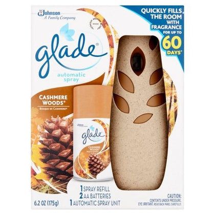 Create a warm, inviting atmosphere with the Glade Automatic Spray Starter Kit in Cashmere Woods. This kit includes a 6.2 oz refill and a battery-operated holder that delivers automatic bursts of fragrance every 9, 18, or 36 minutes. The comforting scent features a blend of jasmine petals, creamy sandalwood, and soft musk, perfect for adding a cozy touch to bedrooms, bathrooms, and shared spaces. 