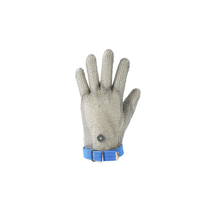 Cut-resistant glove A9 with 304L stainless steel mesh and blue strap, size L; durable, flexible, secure fit, easy to clean; packed 50 each per pack; ideal for industrial and food processing safety.