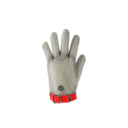 Cut-resistant glove A9 with 304L stainless steel mesh and red strap, size M; durable, ambidextrous, easy to sanitize, secure fit; packed 50 each per pack; ideal for food processing and safety use.