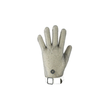 Cut-resistant glove A9 with 304L stainless steel mesh and white strap, size S; durable, ambidextrous, secure fit, easy to sanitize; packed 50 each per pack; perfect for food and industrial safety.