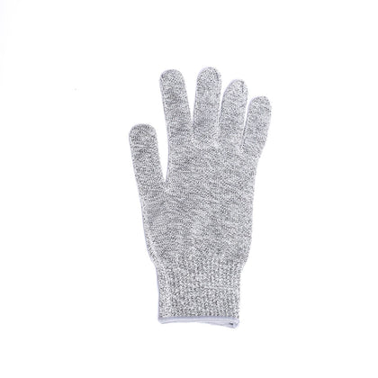 Glove cut-resistant A5 with gray wristband size L; durable, ANSI-rated protection, comfortable fit, easy to clean and reuse; packed 120 each per pack; ideal for kitchen or industrial use.