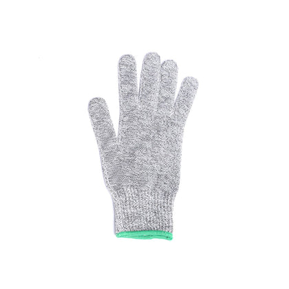 Glove cut-resistant A5 with green wristband, size M; durable, ANSI-rated protection, flexible fit, easy to clean and reuse; packed 120 each per pack; ideal for kitchen, food prep, or industrial use.