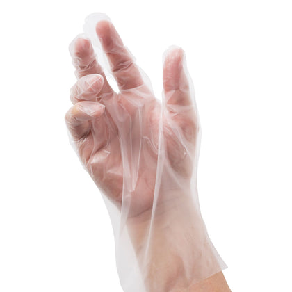 Disposable PE gloves Large size; durable, latex-free, water-resistant, easy on/off; perfect for food handling, cleaning, and hygienic use; packed 10 packs per pack for convenience.