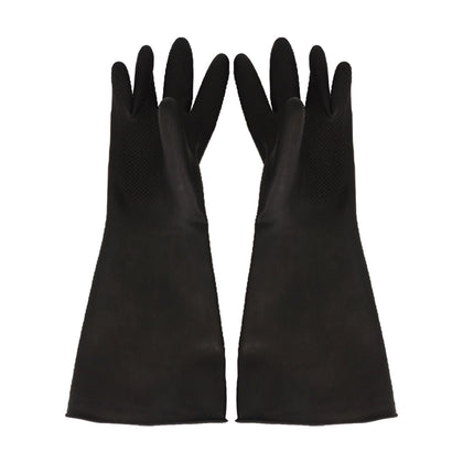Black latex gloves size Large; durable, chemical-resistant, reusable, ambidextrous; superior grip and comfort for foodservice, cleaning, and industrial use; packed 60 pairs per pack.