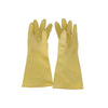 Yellow latex gloves size Medium; durable, chemical-resistant, textured grip, flexible, ambidextrous; ideal for cleaning, food prep, and industrial use; packed 60 pairs per pack.