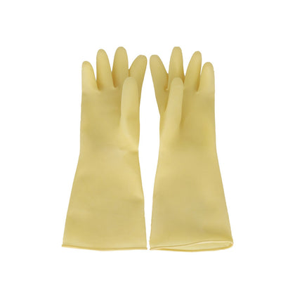 Yellow latex gloves size Small; durable, moisture- and chemical-resistant, textured grip, ambidextrous fit; ideal for cleaning, food handling, and general use; packed 60 pairs per pack.