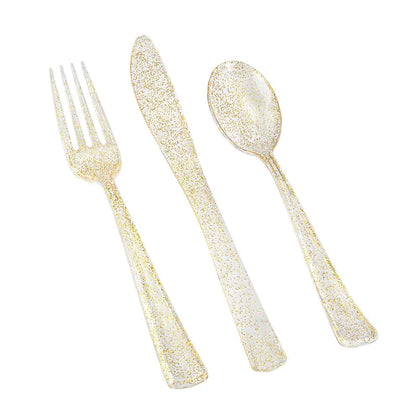 Gold Glitter Combo Cutlery Box with forks, knives, and spoons. BPA-free, durable, and disposable, perfect for weddings, birthdays, and special events. Adds elegance and sparkle to table settings.