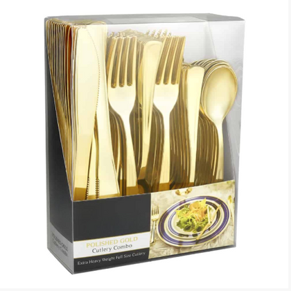 Polished metallic cutlery combo box in gold, silver, and rose gold. Includes forks, knives, and spoons. Durable, BPA-free, disposable, and elegant for weddings, parties, and formal events.