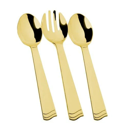 Polished Utensils Set with 2 spoons and 1 fork in gold, silver, or rose gold. Durable, reusable, and perfect for serving salads, sides, and desserts at weddings, parties, and casual events.