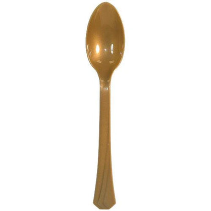 Gold disposable teaspoon, perfect for tea, coffee, and desserts. Elegant and durable, ideal for weddings, parties, and upscale events. Adds sophistication and style to any table setting with easy cleanup.