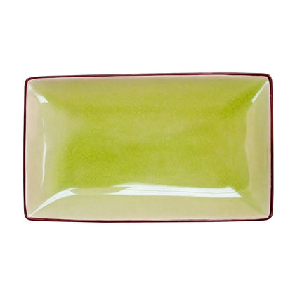 Golden Green Rectangular Platter 8.5-inch, stoneware serving dish, chip-resistant, microwave-safe, dishwasher-safe, perfect for appetizers, sushi, desserts, and stylish table settings.