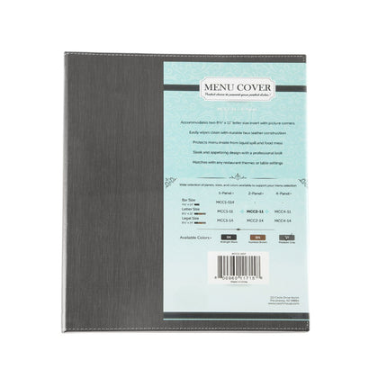 Gray faux leather 2-panel menu cover fits two 8.5 x 11 inch pages with clear inserts, stitched seams, and reinforced edges; great for restaurants, cafés, and lounges; packed by 30 each per case