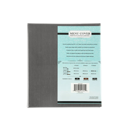 Gray faux leather 4-panel menu cover fits four 8.5 x 11 inch sheets with stitched seams, clear inserts, and reinforced edges; perfect for restaurants; packed by 30 each per case for bulk orders