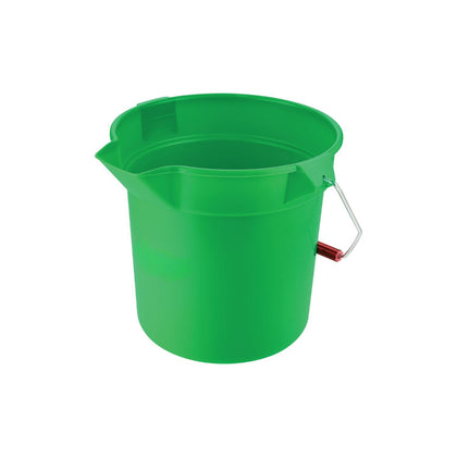 Green 10QT round poly utility bucket for commercial cleaning and sanitation. Features durable plastic construction, easy-carry handle, and wide-mouth design. Ideal for foodservice and janitorial use.