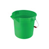 Green 10QT round poly utility bucket for commercial cleaning and sanitation. Features durable plastic construction, easy-carry handle, and wide-mouth design. Ideal for foodservice and janitorial use.