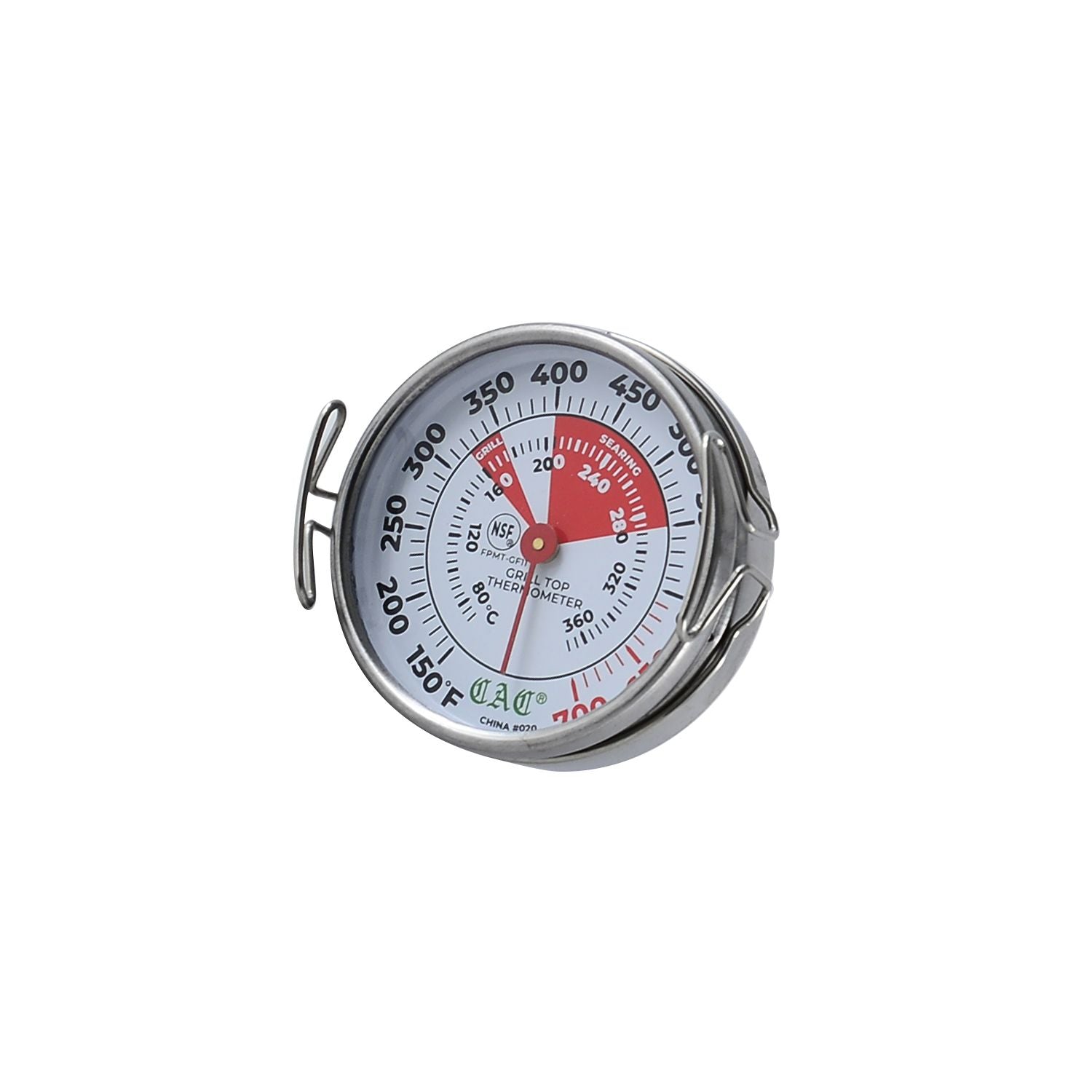 Grill top thermometer with 150–700°F / 70–370°C range. Durable, accurate, and ideal for monitoring surface temps on grills or griddles. Packed 144 per case for commercial kitchen use.