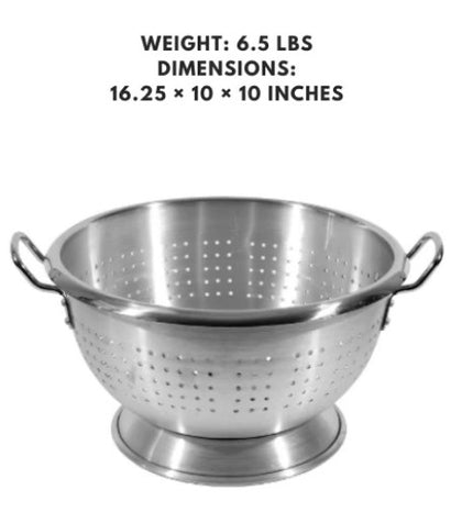 24-quart heavy-duty aluminum colander, perfect for draining large quantities of pasta, vegetables, and other foods with strength and efficiency.



