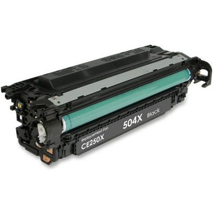 CE250X (504X) black toner cartridge compatible with HP LaserJet CP3525/CM3530, high-yield up to 10,500 pages, reliable professional printing.