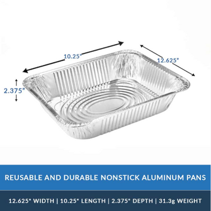 Half-size deep aluminum pan for baking, roasting, and cooking; durable, heat-conductive, disposable, and recyclable for convenient use