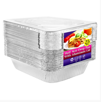 Half-size deep aluminum pan with foil lid for baking, roasting, and storing, offering even heat distribution, secure lid for freshness, and durable, easy-to-clean design