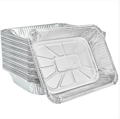 Half-size shallow aluminum pan, durable and disposable, great for baking, roasting, catering, and serving smaller food portions without bending or leaking.