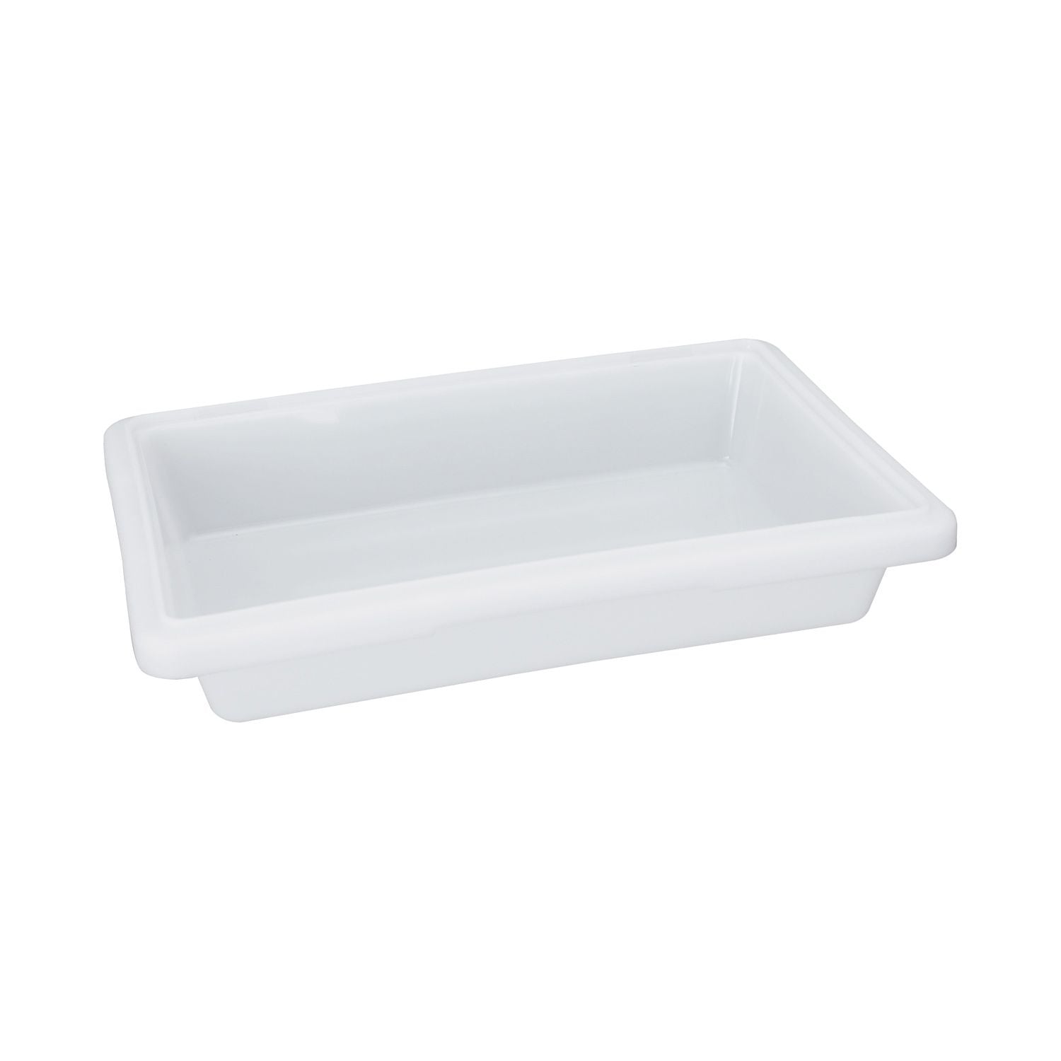 Half-size white food storage box 18x12x3 inches, made of BPA-free polypropylene, stackable, stain-resistant, freezer and dishwasher safe, packed 12 per pack for commercial kitchen organization.