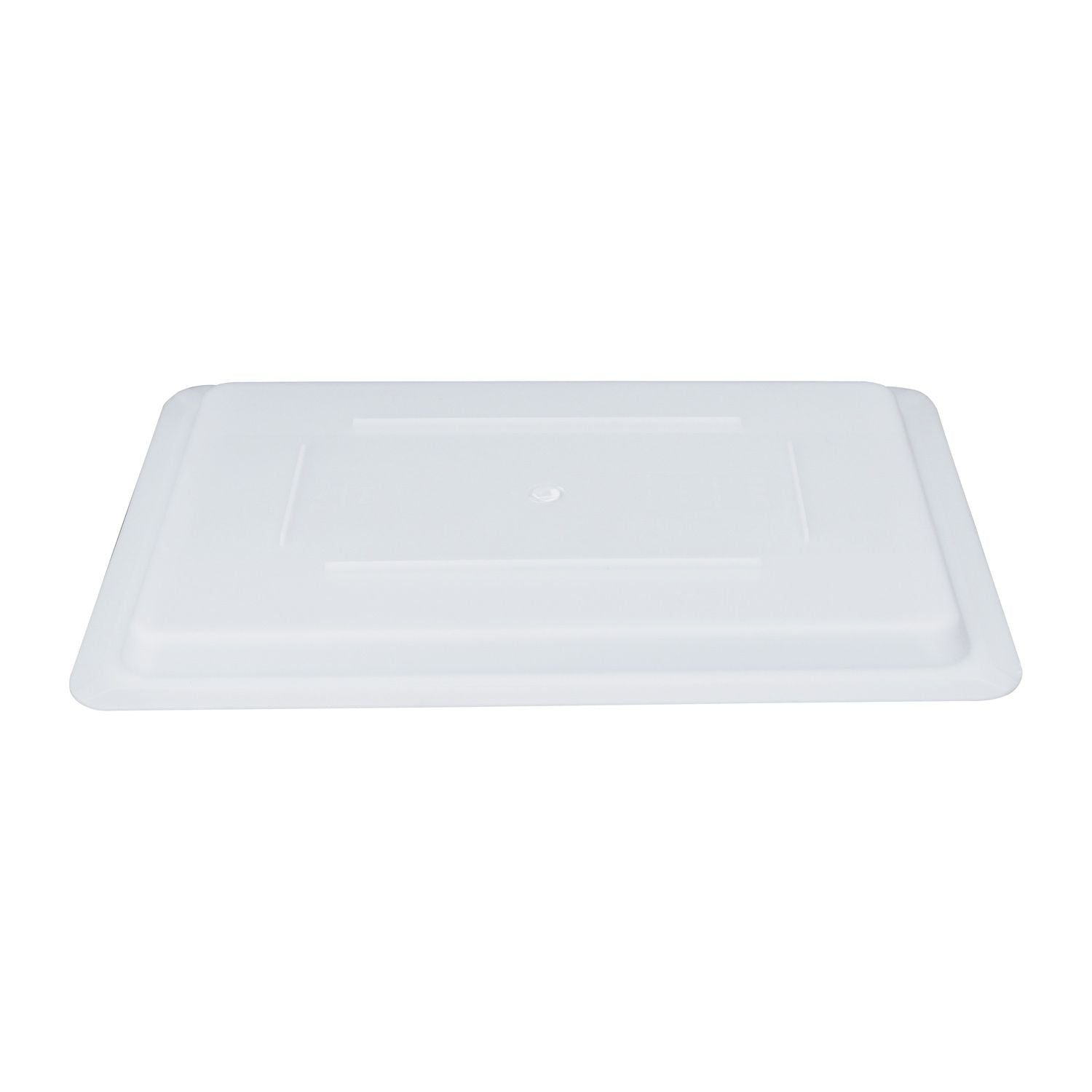 Half-size white food storage box cover for 18x12 inch containers, made of BPA-free polypropylene, tight-fitting, stackable, stain-resistant, dishwasher and freezer safe, packed 6 per pack for commercial use.