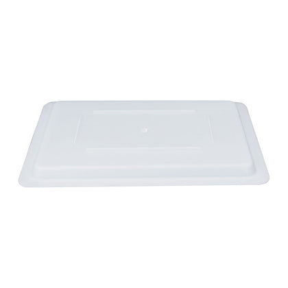 Half-size white food storage box cover for 18x12 inch containers, made of BPA-free polypropylene, tight-fitting, stackable, stain-resistant, dishwasher and freezer safe, packed 6 per pack for commercial use.