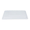 Half-size white food storage box cover for 18x12 inch containers, made of BPA-free polypropylene, tight-fitting, stackable, stain-resistant, dishwasher and freezer safe, packed 6 per pack for commercial use.
