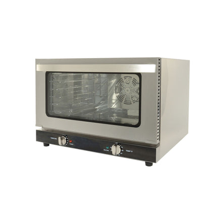 Half‑size countertop convection oven with 1600W power, 1.6 cu. ft. capacity, stainless steel interior, and adjustable controls; ideal for commercial kitchens, cafes, and food prep stations.