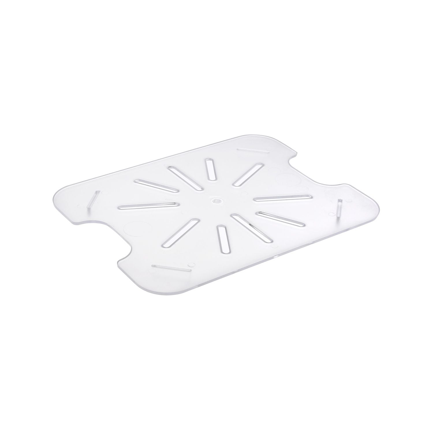 Half size durable polycarbonate drain shelf for PC food pans, easy to clean, supports effective drainage to maintain food freshness, ideal for commercial kitchens, catering, and buffet service setups.