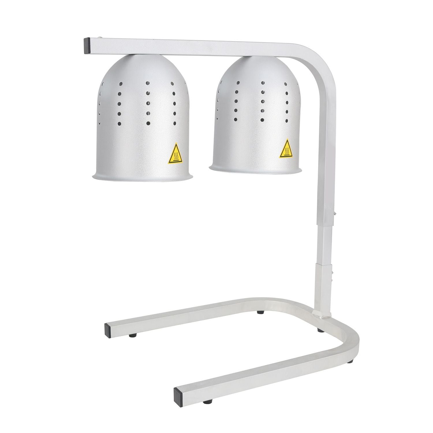 Durable adjustable silver heat lamp with 2 infrared bulbs for food warming. Ideal for buffets and catering with height adjustment, stable base, and even heat distribution.