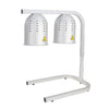 Durable adjustable silver heat lamp with 2 infrared bulbs for food warming. Ideal for buffets and catering with height adjustment, stable base, and even heat distribution.