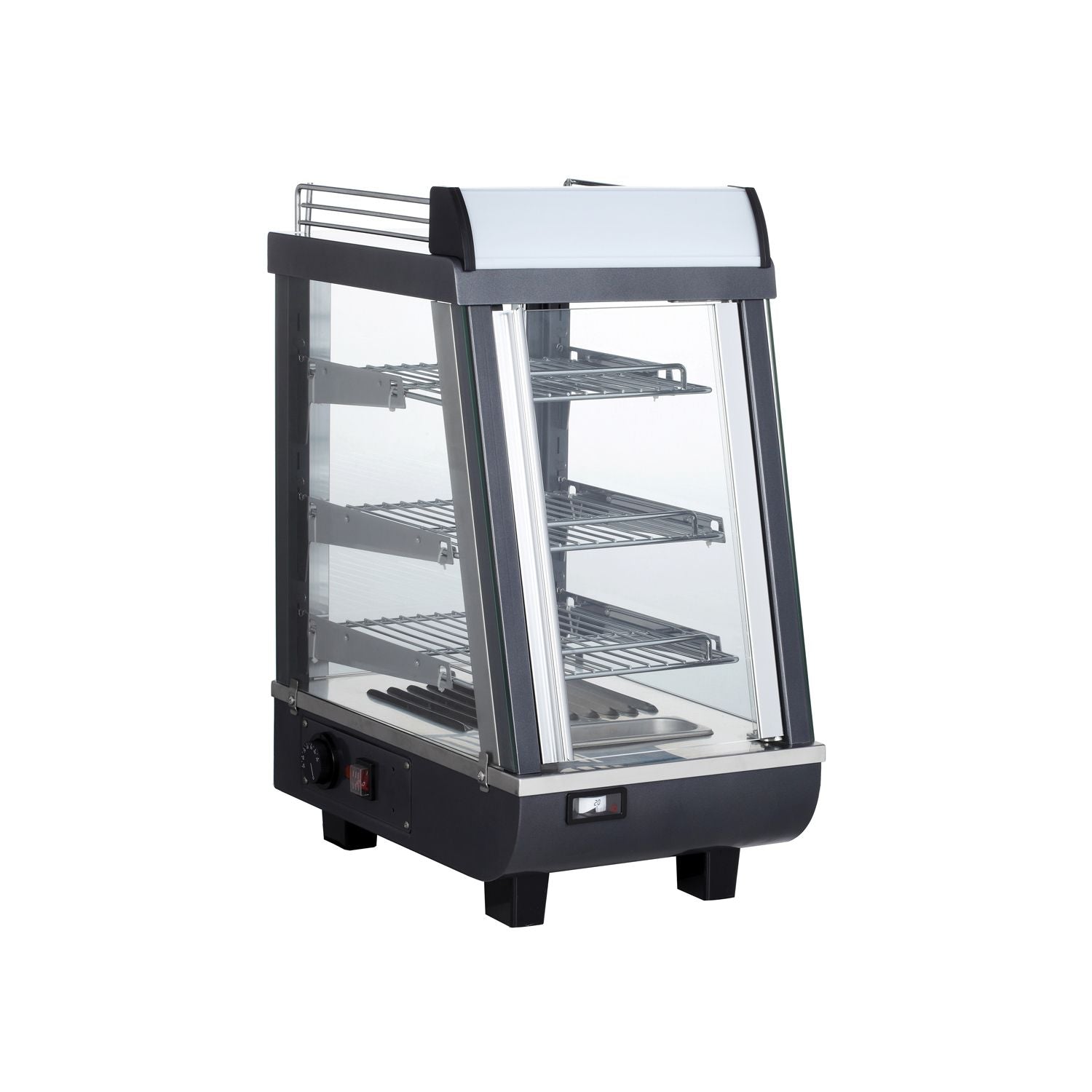 Heated display case 19 x 13-5/8 x 26 inches with glass panels, interior lighting, adjustable shelves, stainless steel base, and temperature control for warm food display in commercial settings