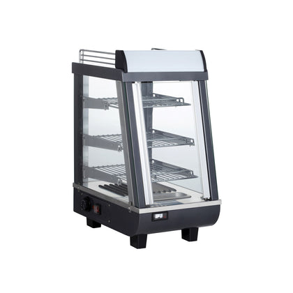 Heated display case 19 x 13-5/8 x 26 inches with glass panels, interior lighting, adjustable shelves, stainless steel base, and temperature control for warm food display in commercial settings
