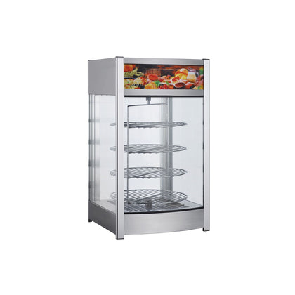 Heated rotating display case 18x17.5x31 inches, commercial-grade with rotating shelves, adjustable temperature, clear panels, and internal lighting; packed 1 set per pack for food display.