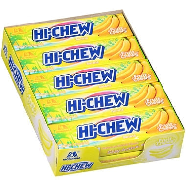 Hi-Chew Banana fruit chews box with 10 count individually wrapped packs

