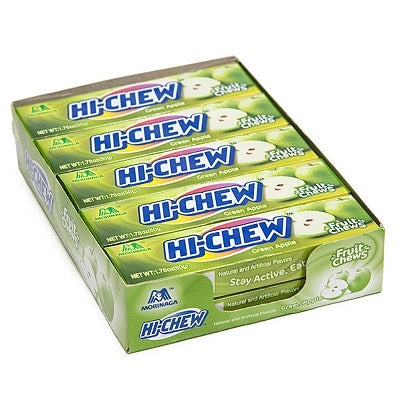 Hi-Chew Green Apple candy box with 10 fruit chew packs in green packaging

