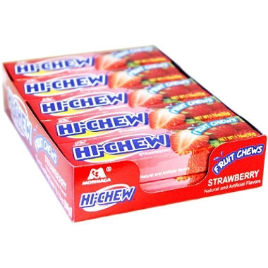 Hi-Chew Strawberry fruit chews display box with 10 count individually packed bars

