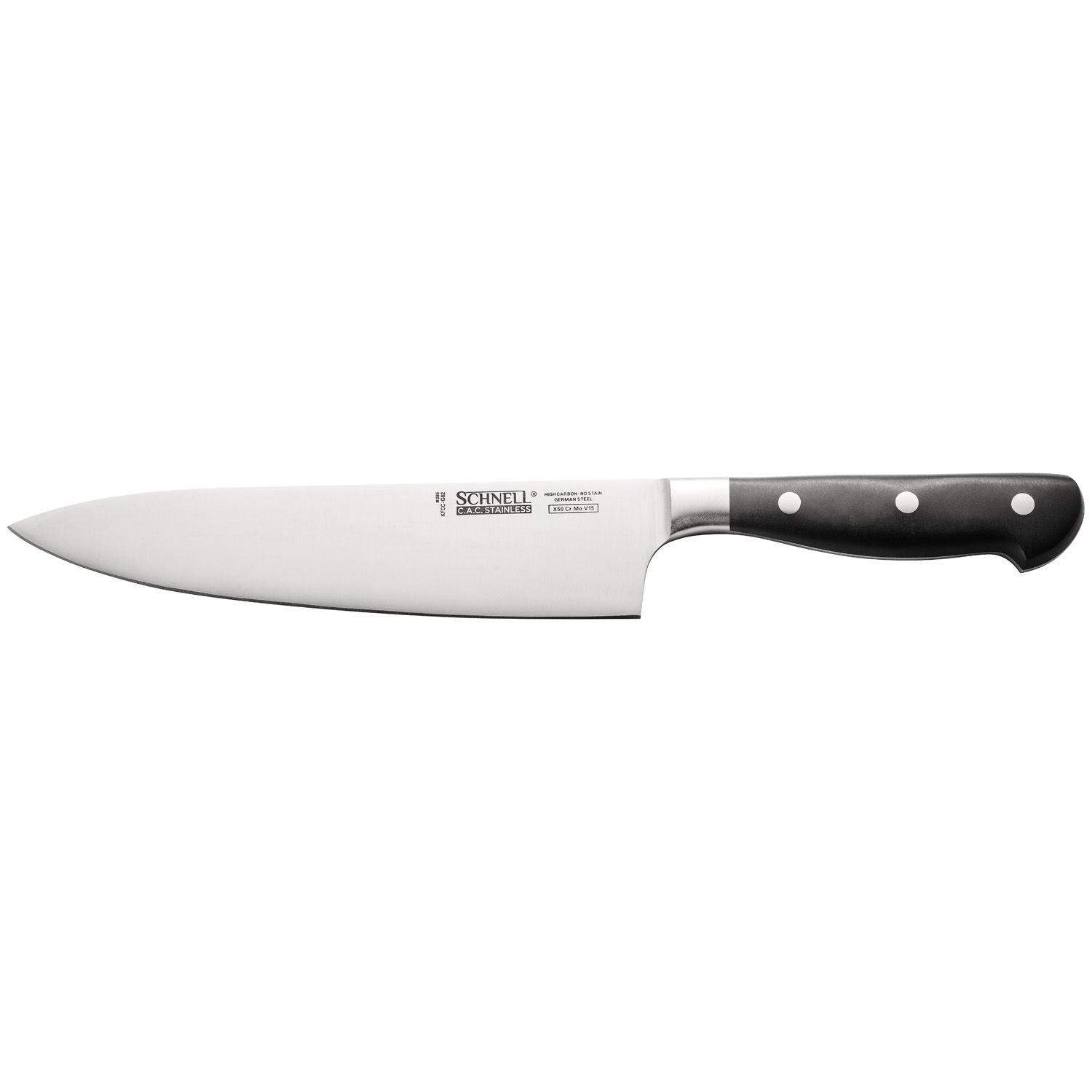 High‑resolution image of Schnell 8‑inch chef knife with short bolster, full‑tang stainless blade, ergonomic handle, professional kitchen slicing tool, precision rocking cuts, bulk pack 36 each per case for chefs
