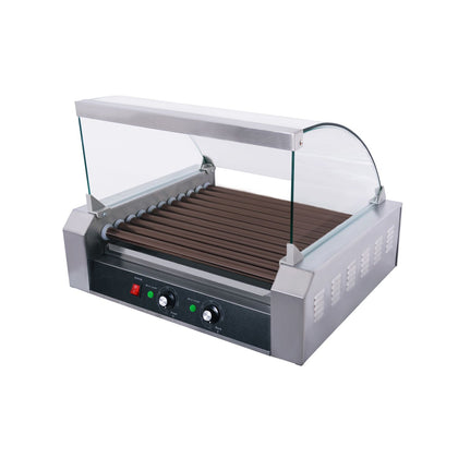 Hot dog roller grill with 11 non-stick rollers, 1400W 110V set, commercial-grade with stainless steel body, drip tray, dual heat zones, durable design, ideal for kitchens and concessions